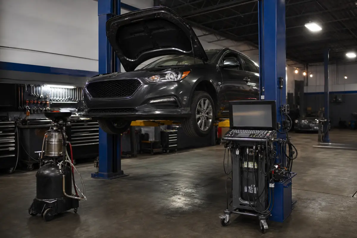 AI-generated transmission diagnostic service bay with an unbranded vehicle on a lift