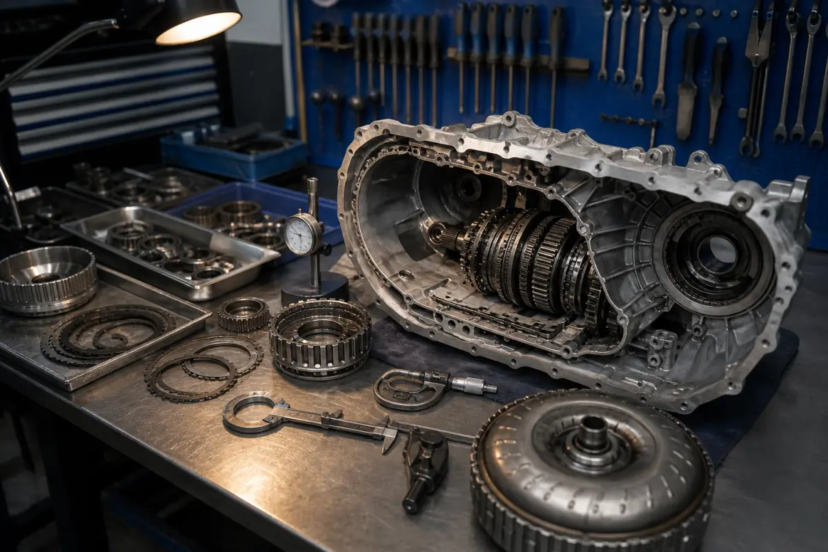 AI-generated automatic transmission rebuild components organized on a workshop bench