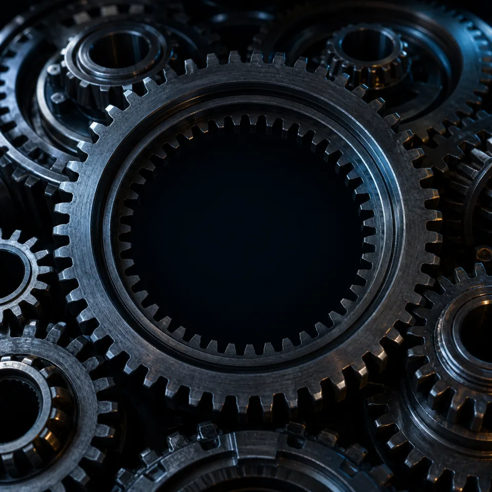 AI-generated close-up of interlocking steel transmission gears