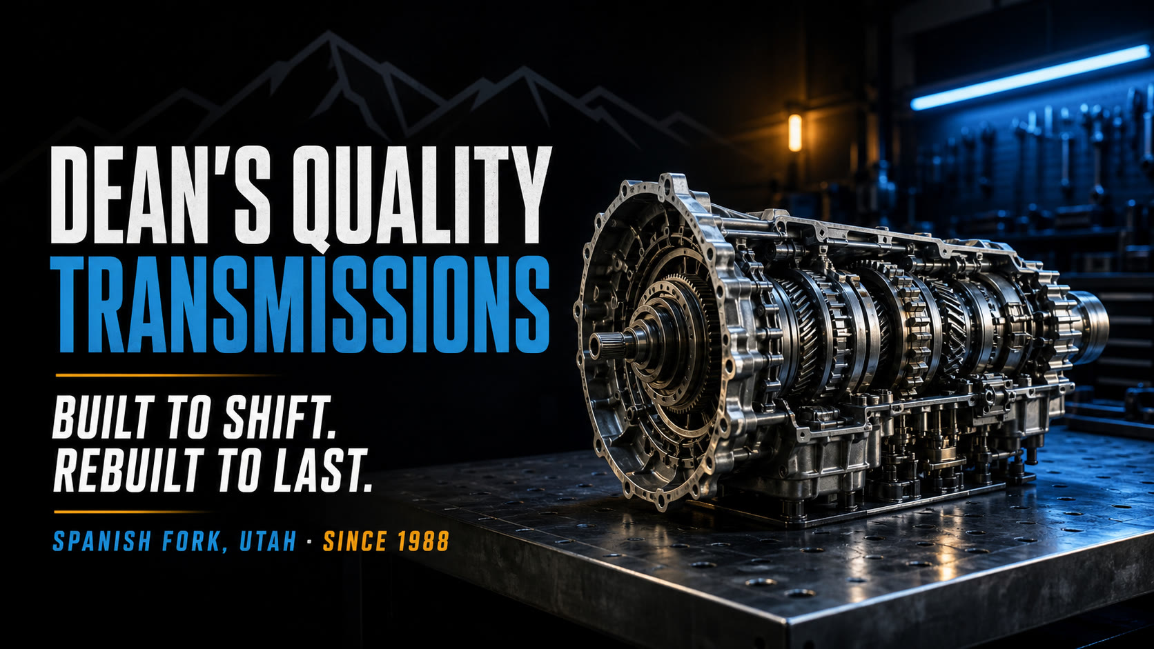 An opened automatic transmission assembly on a clean steel workbench